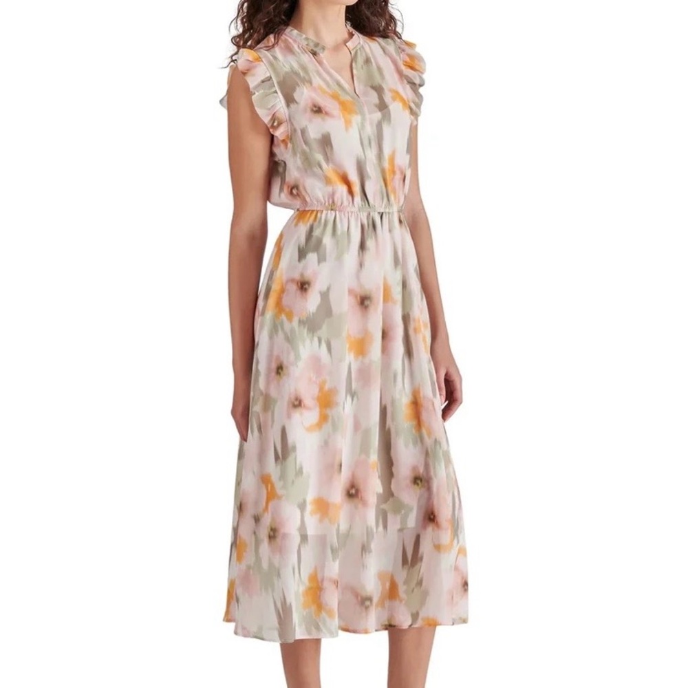 STEVE MADDEN ALLEGRA PINK & OLIVE FLORAL SMALL MIDI DRESS